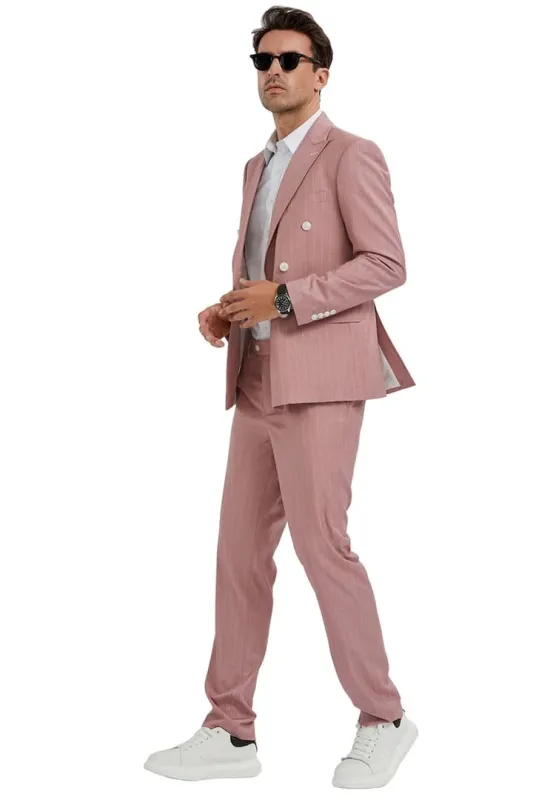 Men's Slim Fit Double Breasted Bold Gangster Pink Pinstripe Suit sold by Alberto Nardoni