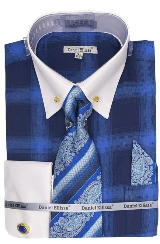 Men's Flannel Plaid Pattern Contrast Collar Dress Shirt & Tie Set In Blue made by Alberto Nardoni