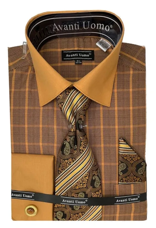 Mens Tonal Check Print Contrast Collar French Cuff Dress Shirt Set In Rust sold by Alberto Nardoni
