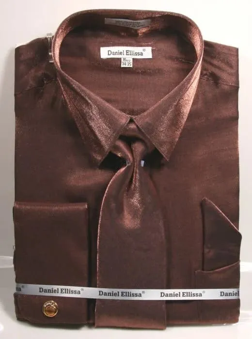 Men's Shiny Metallic Velvet Dress Shirt & Tie Set In Brown sold by Alberto Nardoni