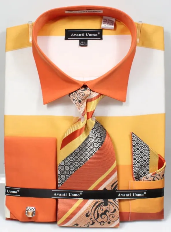 Men's Contrast Collar Wide Horizontal Stripe French Cuff Dress Shirt, Tie, & Hanky Set In Yellow made by Alberto Nardoni