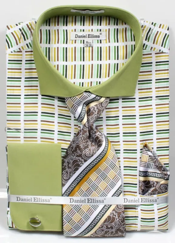 Men's Wide Spread Collar Contrast Cuff Horizontal Multi Stripe Dress Shirt & Tie Set In Green sold by Alberto Nardoni