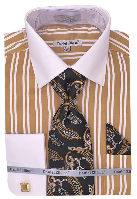 Men's White Collar & French Cuff Double Stripe Dress Shirt In Beige sold by Alberto Nardoni