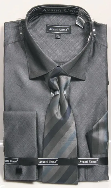 Men's Weave Pattern French Cuff Dress Shirt, Tie & Hanky Set In Black made by Alberto Nardoni