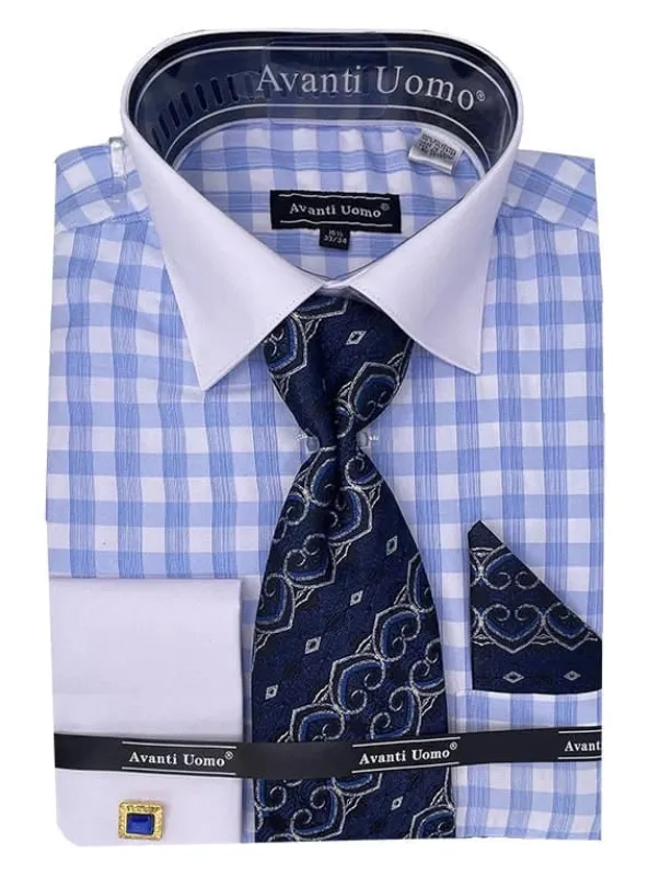 Men's Contrast Collar French Cuff Checkered Plaid Dress Shirt Set In Light Blue sold by Alberto Nardoni