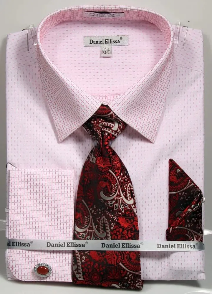 Men's French Cuff Mini Plus Patter Spread Collar Regular Fit Dress Shirt & Tie Set In White & Red sold by Alberto Nardoni