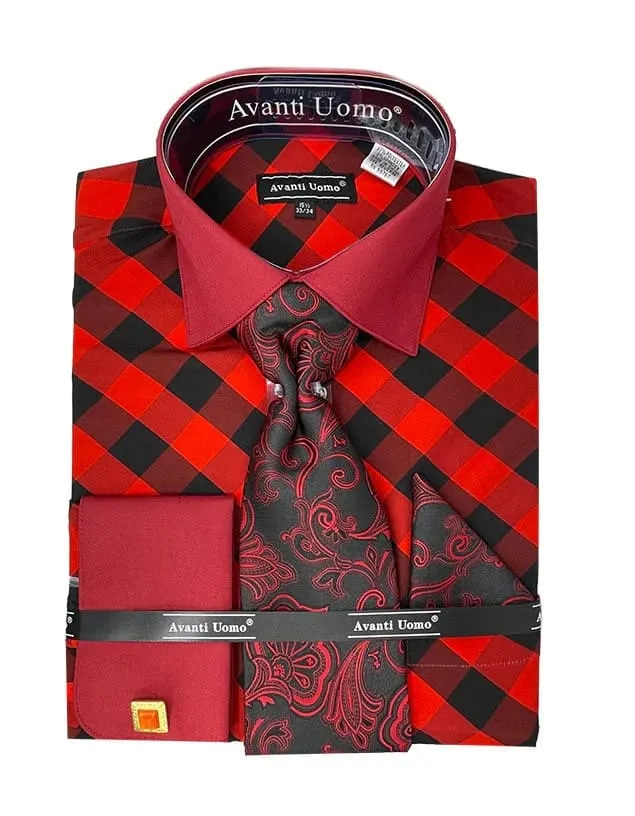 Men's Contrast Collar French Cuff Check Dress Shirt Set In Red sold by Alberto Nardoni