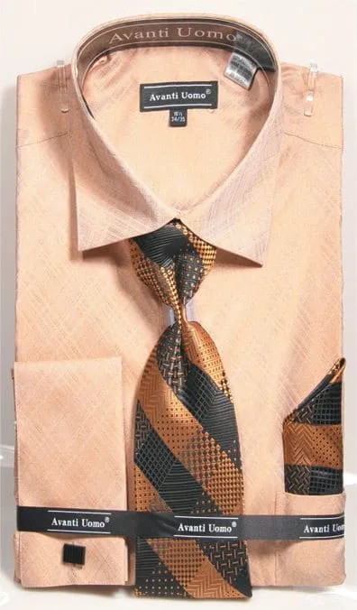 Men's Weave Pattern French Cuff Dress Shirt, Tie & Hanky Set In Tan sold by Alberto Nardoni