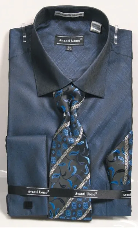 Men's Weave Pattern French Cuff Dress Shirt, Tie & Hanky Set In Navy sold by Alberto Nardoni