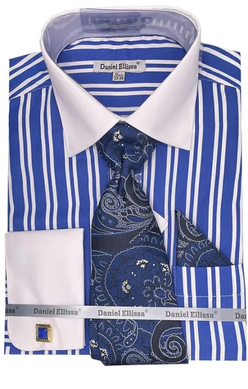 Men's White Collar & French Cuff Double Stripe Dress Shirt In Royal Blue sold by Alberto Nardoni