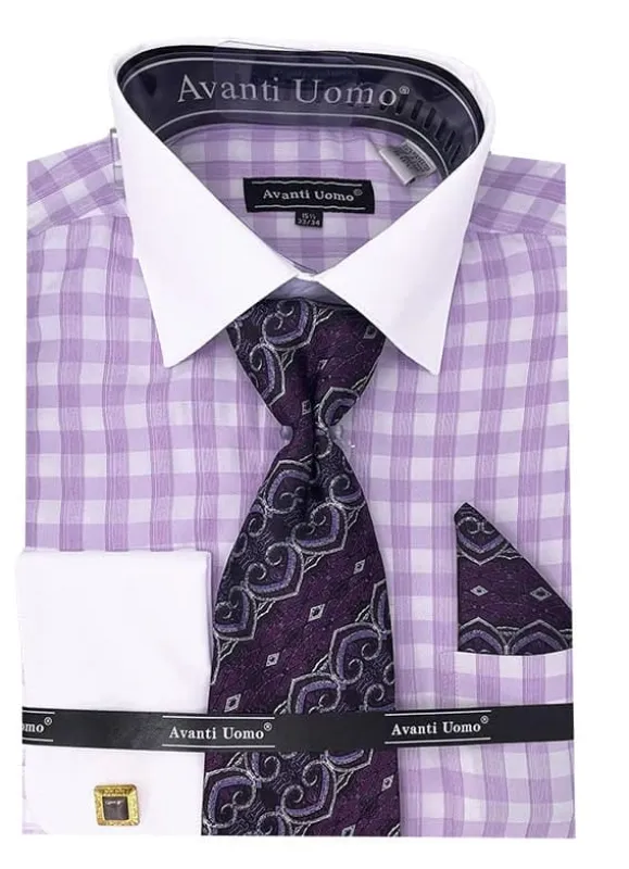 Men's Contrast Collar French Cuff Checkered Plaid Dress Shirt Set In Lilac sold by Alberto Nardoni