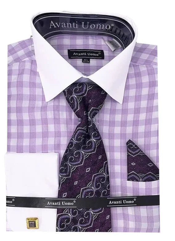 Men's Contrast Collar French Cuff Checkered Plaid Dress Shirt Set In Lilac sold by Alberto Nardoni