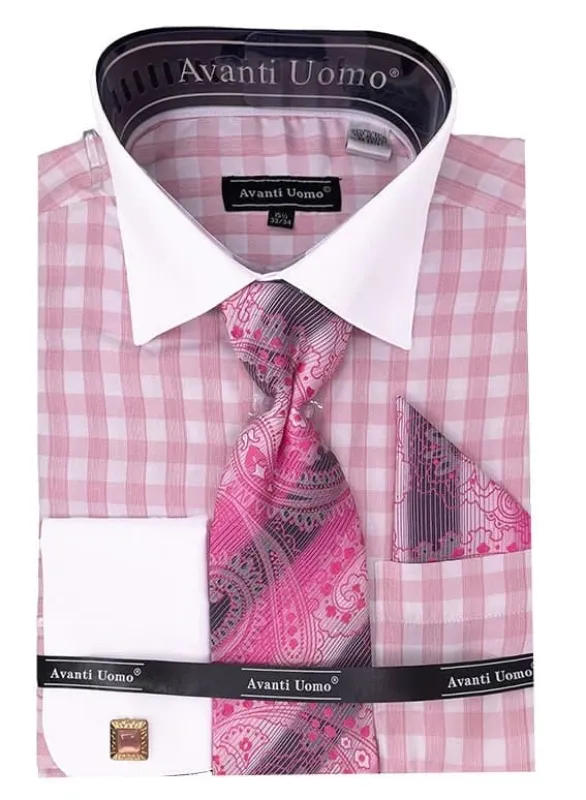 Men's Contrast Collar French Cuff Checkered Plaid Dress Shirt Set In Pink made by Alberto Nardoni
