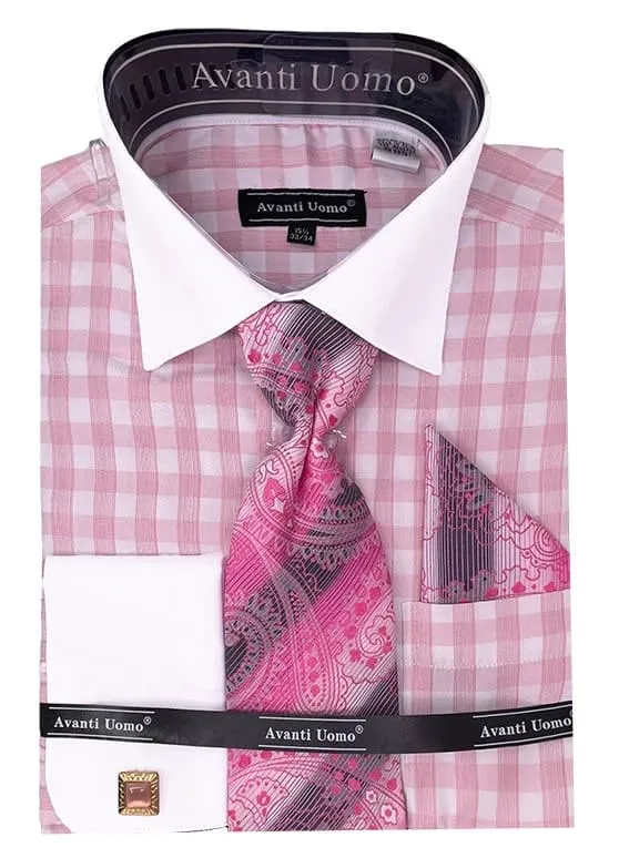 Men's Contrast Collar French Cuff Checkered Plaid Dress Shirt Set In Pink sold by Alberto Nardoni