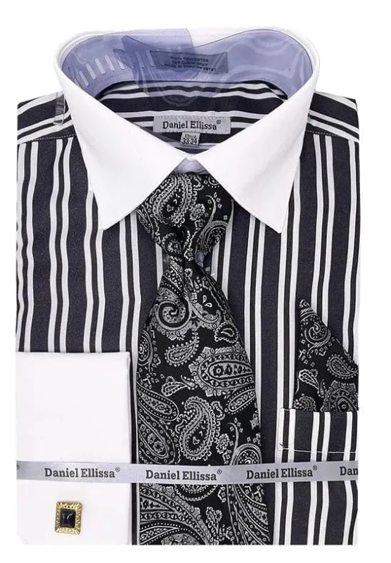 Men's White Collar & French Cuff Double Stripe Dress Shirt In Black sold by Alberto Nardoni