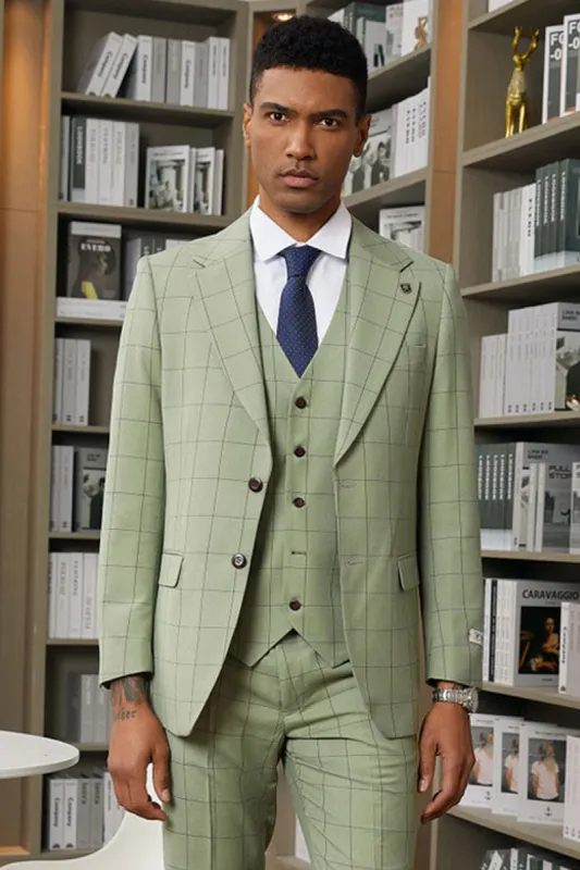 Mens Stacy Adams Suit -Stacy Adams Suit Men's Sage Green Windowpane Plaid Vested Suit made by Alberto Nardoni