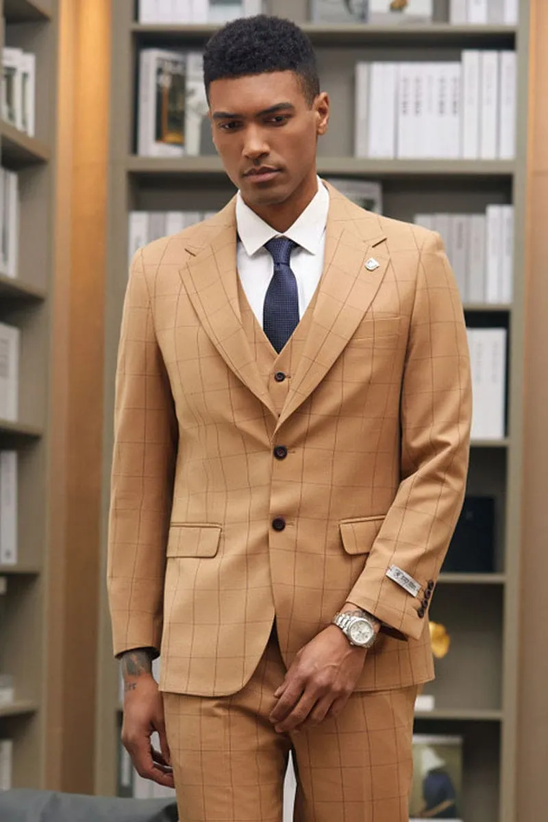 Mens Stacy Adams Suit -Stacy Adams Suit Men's Two-Button Wide Lapel Vested Suit - Light Rust Windowpane Plaid sold by Alberto Nardoni