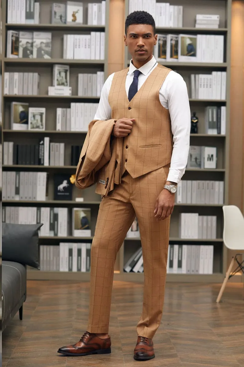 Mens Stacy Adams Suit -Stacy Adams Suit Men's Two-Button Wide Lapel Vested Suit - Light Rust Windowpane Plaid sold by Alberto Nardoni product image thumbnail 3