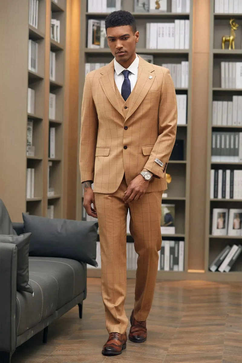 Mens Stacy Adams Suit -Stacy Adams Suit Men's Two-Button Wide Lapel Vested Suit - Light Rust Windowpane Plaid sold by Alberto Nardoni product image thumbnail 2
