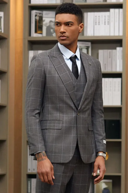 Mens Stacy Adams Suit - Stacy Adams Suit Men's Charcoal Windowpane Suit - One Button Peak Lapel with Vest made by Alberto Nardoni