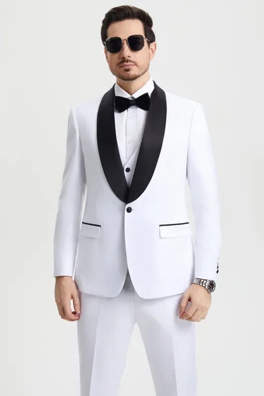 Mens Stacy Adams Suit - Stacy Adams Suit Men's Designer Tuxedo - Vested One Button Shawl Lapel in White sold by Alberto Nardoni