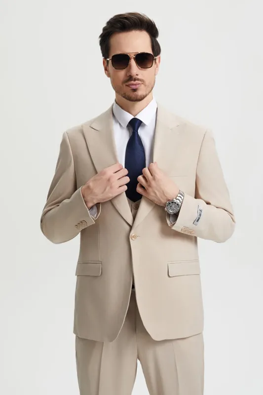 Mens Stacy Adams Suit - Stacy Adams Suit Men's Designer Suit - Vested Two Button Notch Lapel in Tan sold by Alberto Nardoni