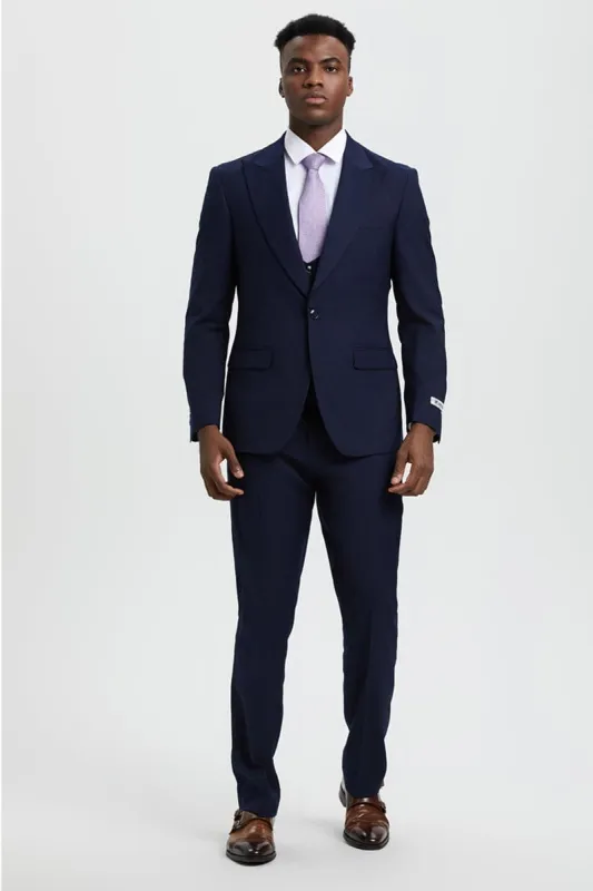 Mens Stacy Adams Suit - Stacy Adams Suit Men's Designer Suit - Navy Blue, One Button Peak Lapel with Vest made by Alberto Nardoni