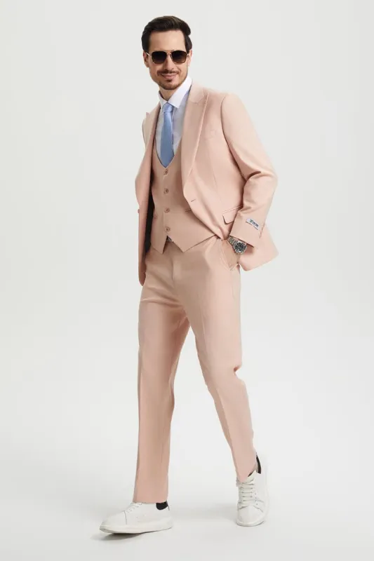 Mens Stacy Adams Suit - Stacy Adams Suit Men's Designer Suit - Beige, Vested One Button Peak Lapel made by Alberto Nardoni