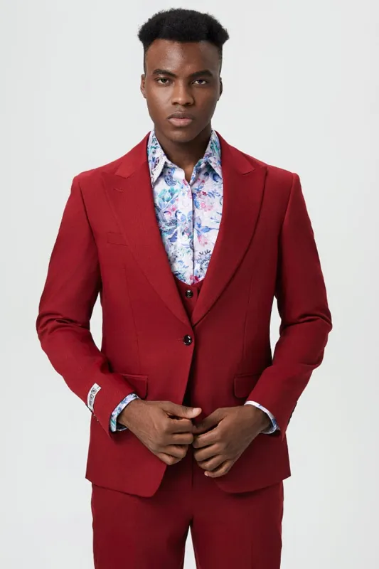 Mens Stacy Adams Suit - Stacy Adams Suit Men's Designer Suit - Cherry Red, One Button Peak Lapel with Vest sold by Alberto Nardoni