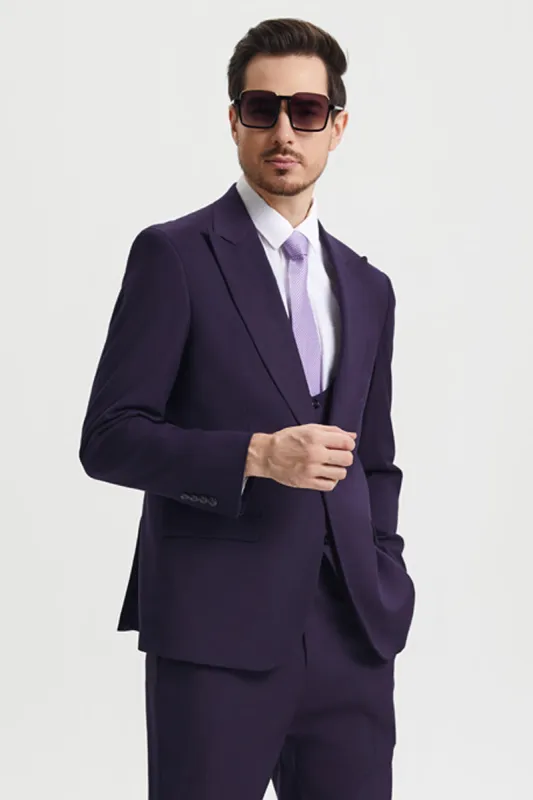 Mens Stacy Adams Suit - Stacy Adams Suit Men's Designer Suit - Vested One Button Peak Lapel in Eggplant sold by Alberto Nardoni