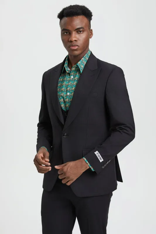 Mens Stacy Adams Suit - Stacy Adams Suit Men's Designer Suit - Black, One Button Peak Lapel Vest made by Alberto Nardoni
