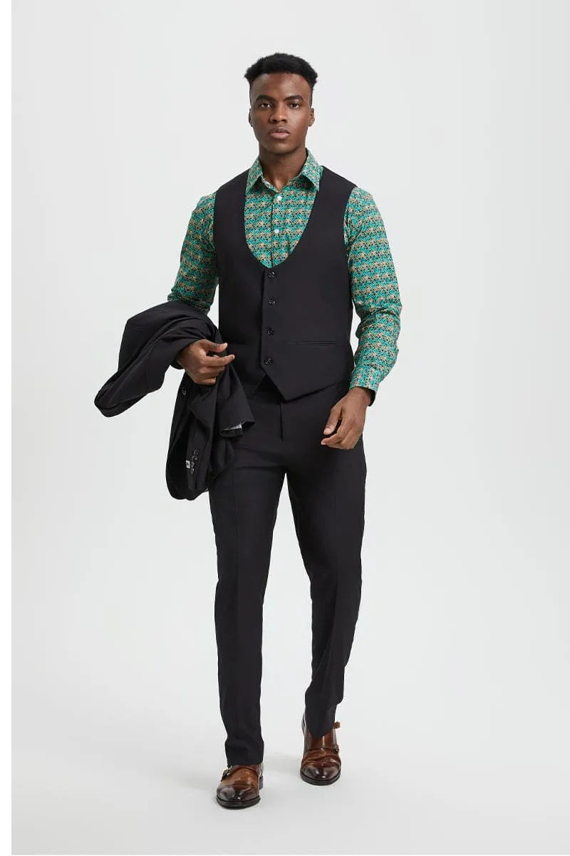 Mens Stacy Adams Suit - Stacy Adams Suit Men's Designer Suit - Black, One Button Peak Lapel Vest sold by Alberto Nardoni product image thumbnail 2