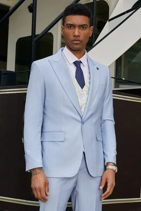 Mens Stacy Adams Suit -Stacy Adams Men's Modern One Button Vested Suit - Light Blue Pinstripe made by Alberto Nardoni
