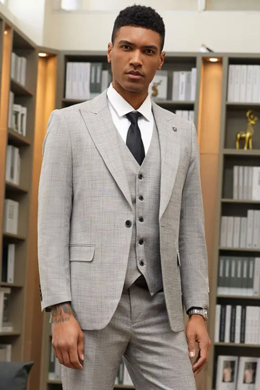 Mens Stacy Adams Suit-Stacy Adam's Suit Men's Grey Windowpane Plaid Suit - One Button, Peak Lapel, Vested made by Alberto Nardoni
