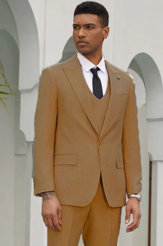 Mens Stacy Adams Suit - Stacy Adams Suit Men's Summer Suit - One Button, Khaki, Double Breasted Vest camel sold by Alberto Nardoni