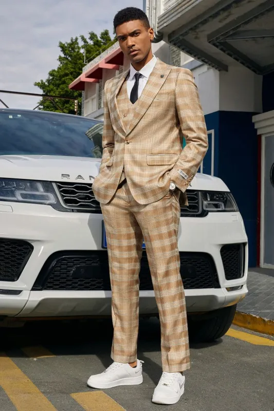 Mens Stacy Adams Suit - Stacy Adams Suit Men's Light Tan Glen Plaid Vested Suit - One Button Peak Lapel sold by Alberto Nardoni