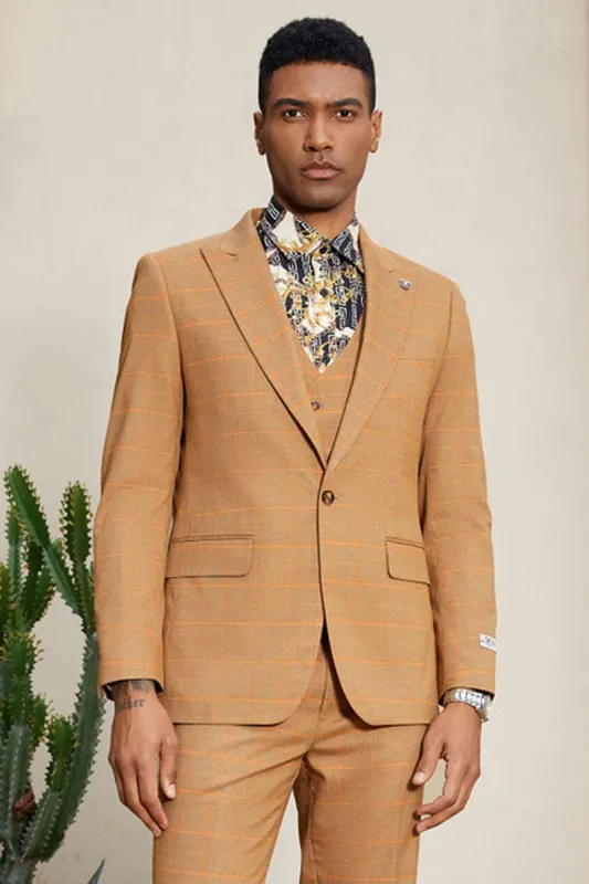 Mens Stacy Adams Suit - Stacy Adams Men's Windowpane Plaid Suit with Reversible Vest - Orange Rust sold by Alberto Nardoni