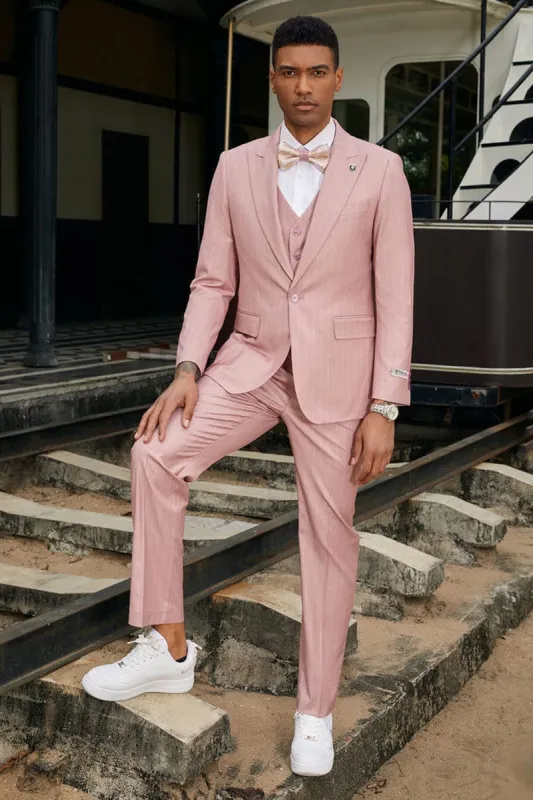 Mens Stacy Adams Suit -Stacy Adams Men's Modern Vested Suit - One Button, Rose Pink Pinstripe made by Alberto Nardoni