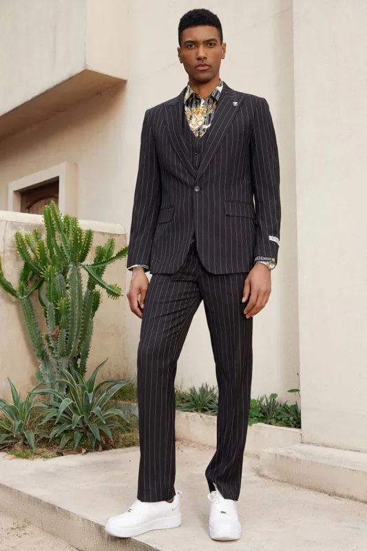 Mens Stacy Adams Suit -Stacy Adams Suit Men's Modern Black Pinstripe Vested Suit - One Button made by Alberto Nardoni