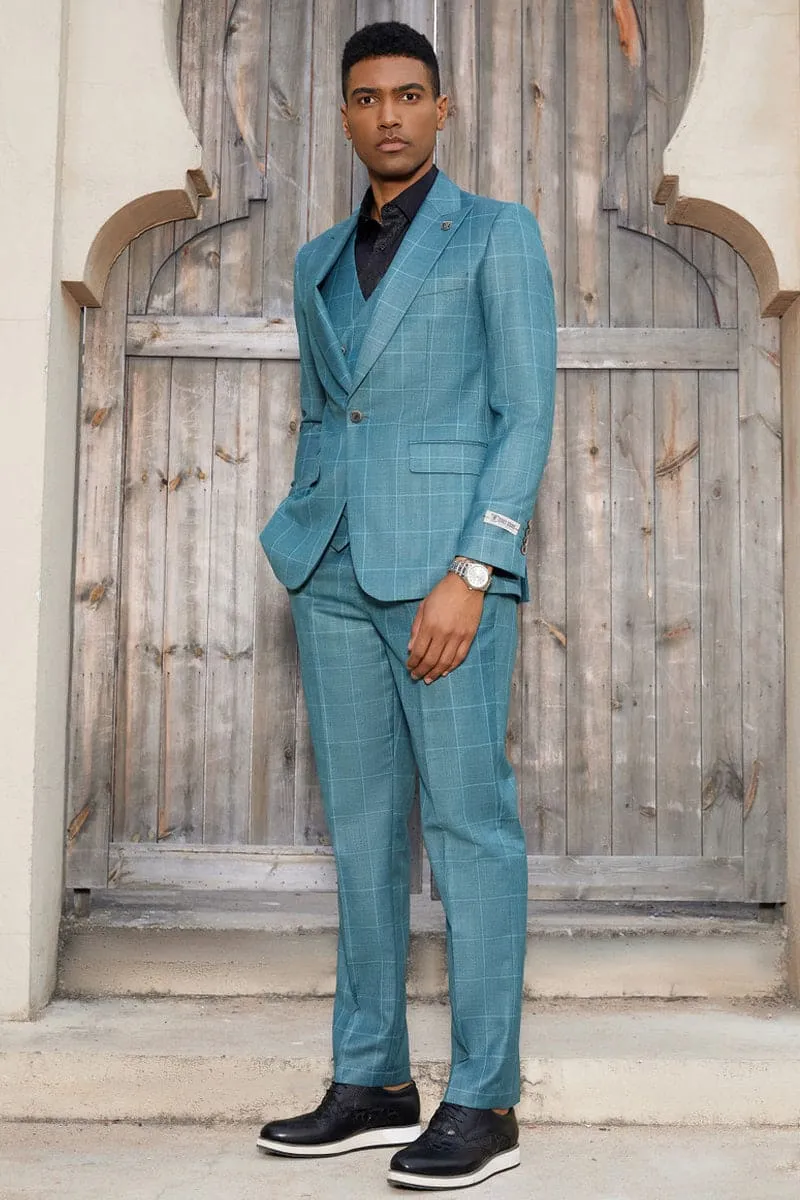 Mens Stacy Adams Suit - Stacy Adams Suit Men's Teal Windowpane Suit - One Button Peak Lapel with Double Breasted Vest sold by Alberto Nardoni