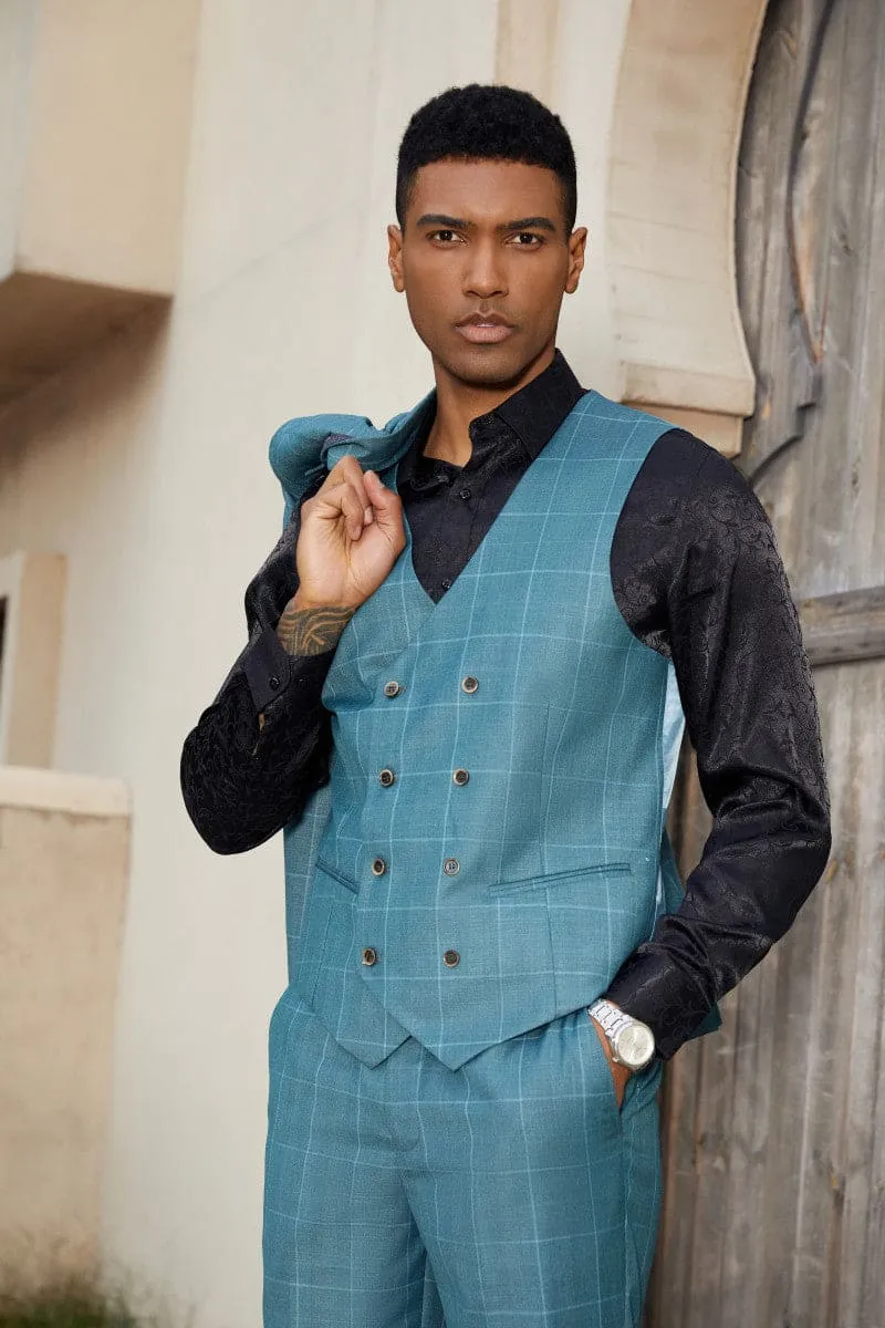 Mens Stacy Adams Suit - Stacy Adams Suit Men's Teal Windowpane Suit - One Button Peak Lapel with Double Breasted Vest sold by Alberto Nardoni product image thumbnail 3