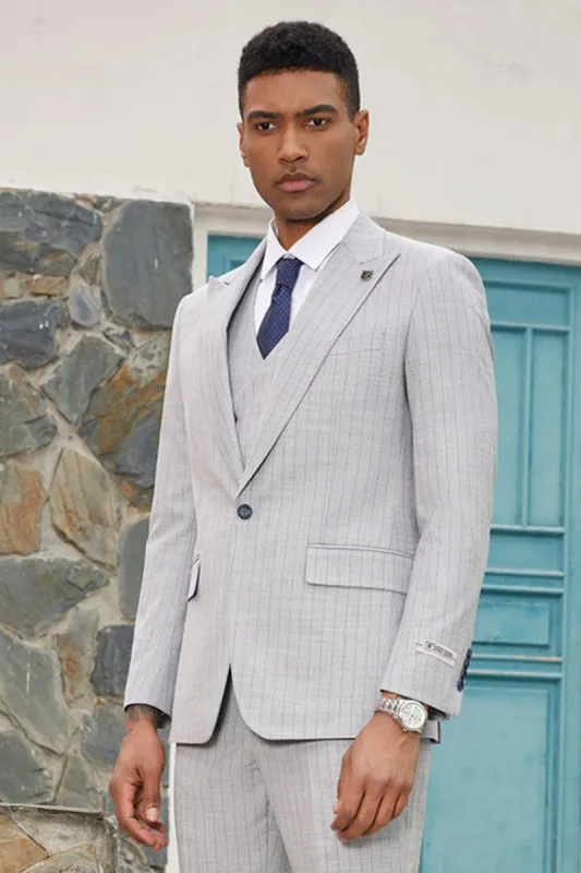Mens Stacy Adams Suit - Stacy Adams Suit Men's Designer Suit - Vested One Button Peak Lapel in Light Grey Pinstripe sold by Alberto Nardoni