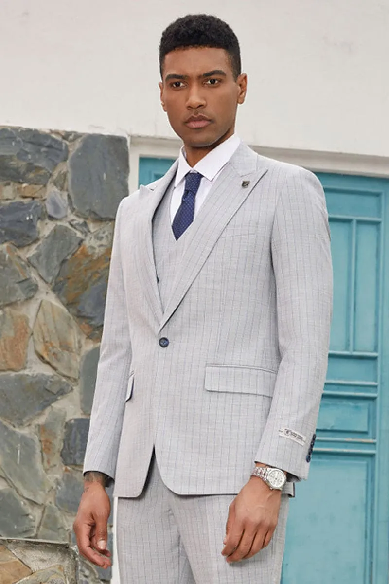 Mens Stacy Adams Suit - Stacy Adams Suit Men's Designer Suit - Vested One Button Peak Lapel in Light Grey Pinstripe sold by Alberto Nardoni