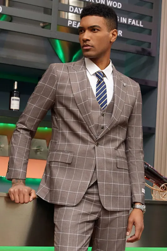 Mens Stacy Adams Suit -Stacy Adams Men's Modern Fit Suit - One Button Vested in Light Brown Windowpane Plaid made by Alberto Nardoni