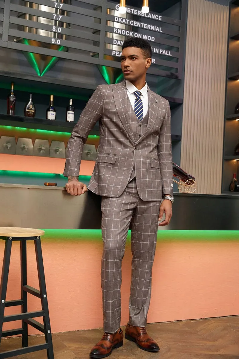 Mens Stacy Adams Suit -Stacy Adams Men's Modern Fit Suit - One Button Vested in Light Brown Windowpane Plaid sold by Alberto Nardoni product image thumbnail 2