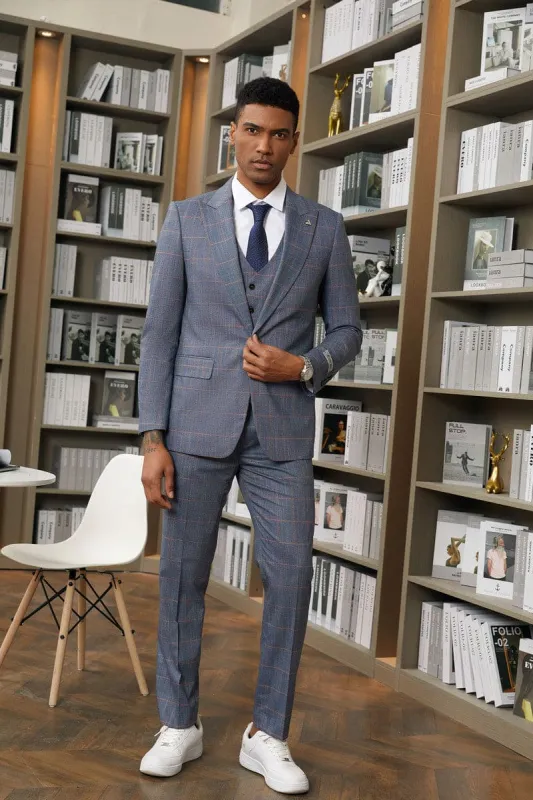 Mens Stacy Adams Suit -Stacy Adams Men's Navy Blue & Orange Plaid Suit - One Button Vested Peak Lapel sold by Alberto Nardoni