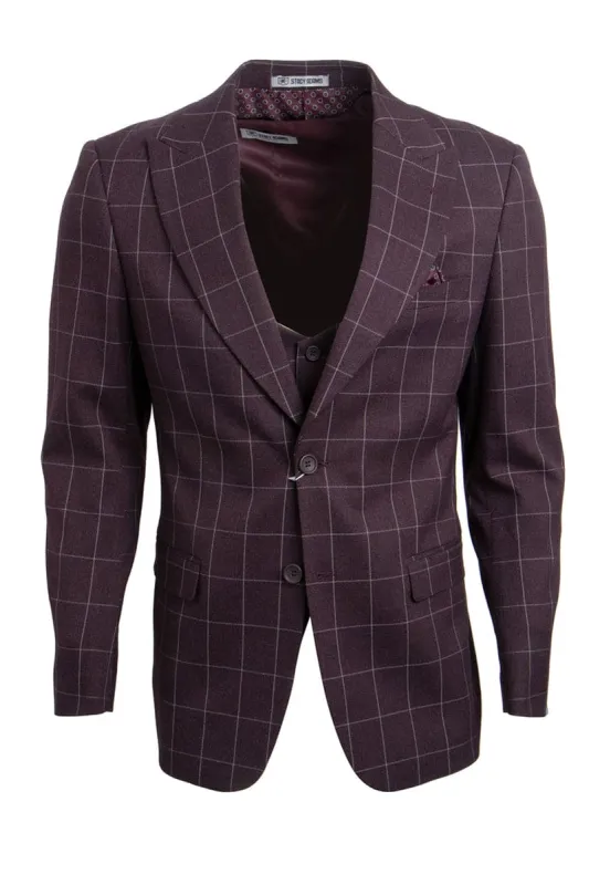 Mens Stacy Adams Suit - Stacy Adams Suit Men's Burgundy Windowpane Plaid Vested Suit sold by Alberto Nardoni