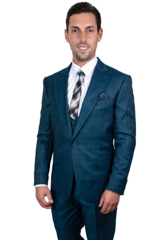 Mens Stacy Adams Suit - Stacy Adams Suit Men's Glen Plaid Suit - One Button Vested Peak Lapel in Blue & Green sold by Alberto Nardoni