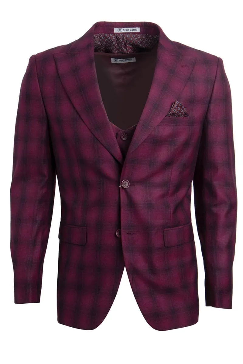 Mens Stacy Adams Suit - Stacy Adams Suit Men's Bold Windowpane Plaid Vested Suit - Burgundy sold by Alberto Nardoni