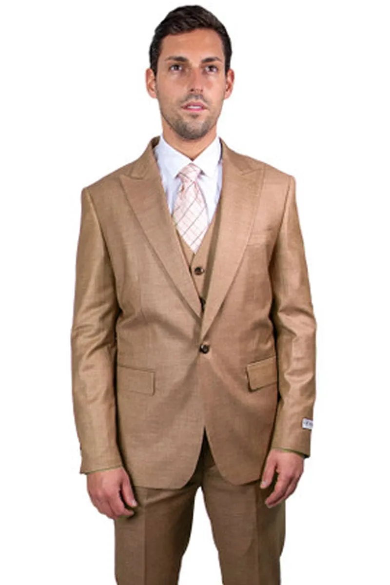 Mens Stacy Adams Suit - Stacy Adams Suit Men's Sharkskin Suit - Taupe, One Button Peak Lapel Vested sold by Alberto Nardoni